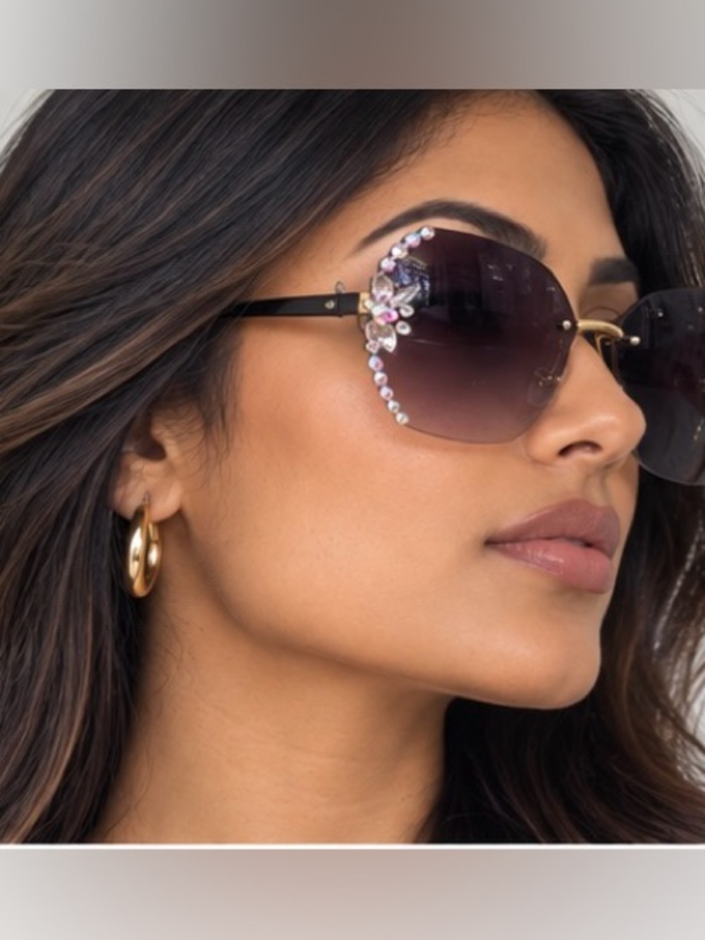 Rhinestone Flower Rimless Sunglasses - Picture 2 of 4